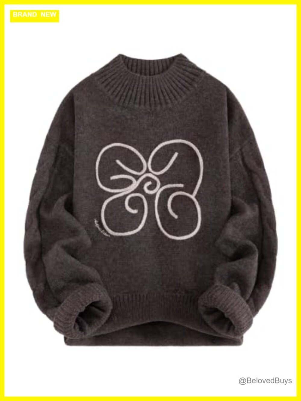 Oversized Flower Graphic Mock Neck Knit Sweater Pullover